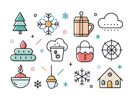 Festive holiday icons arranged in a bright, cheerful, flat design composition.のイラスト素材