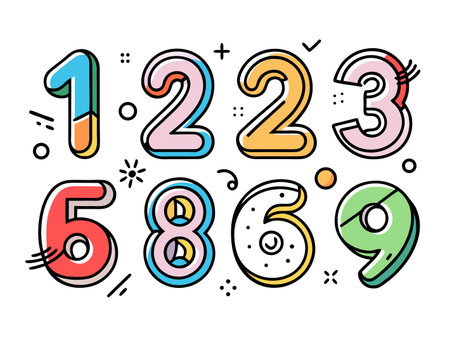 Vibrant cartoon numbers from one to nine showcase playful design elements.のイラスト素材