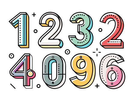 Illustrated numerals one through zero feature vibrant colors and bold outlines.のイラスト素材