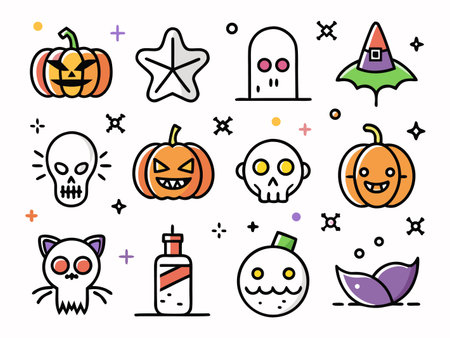 A festive flat lay of Halloween icons and seasonal elements on white backdrop.のイラスト素材