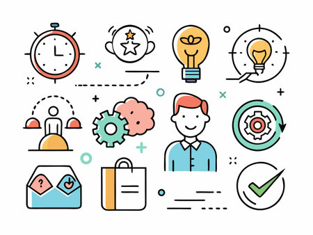 Business process icons portray idea generation and efficiency in work flow.のイラスト素材
