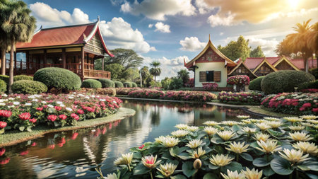 Traditional Thai houses with a pond and flowers in a beautiful garden setting.の素材