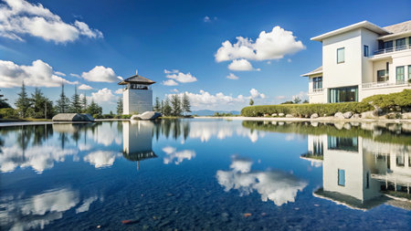 A serene landscape with a reflecting pool, a modern building, and a pagoda-like structure.の素材