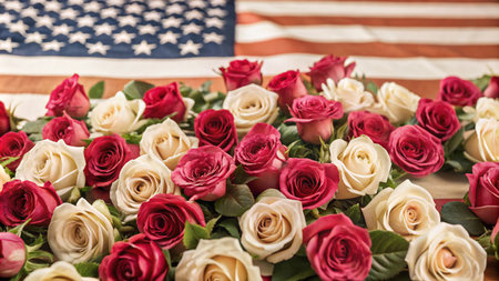 A close-up of white and red roses arranged in a heart shape on an American flag.の素材