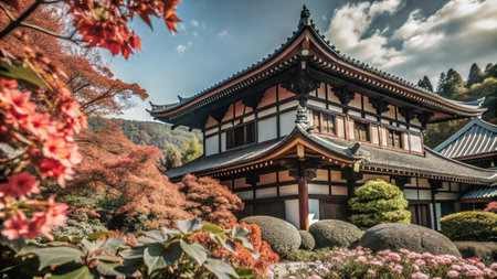 Traditional Japanese temple with a beautiful garden in the foreground.の素材