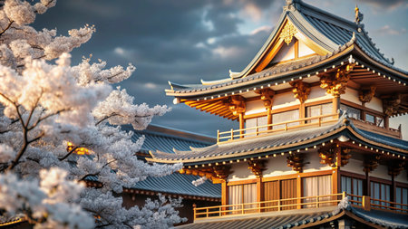 Traditional Japanese architecture with cherry blossoms in bloom under a dramatic sky.の素材