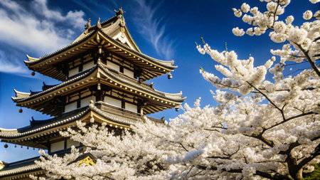A traditional Japanese pagoda with cherry blossoms in full bloom against a clear blue sky.の素材