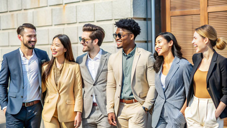 A diverse group of six business professionals in suits walk and laugh together outside an office building.の素材
