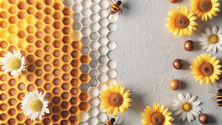Honeycomb with bees, sunflowers, and daisies on a gray background.の素材