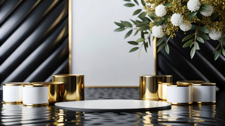 Minimalist black and gold podium with a white circle in the center and white flowers in the background.の素材