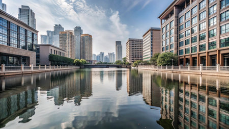 A serene canal reflects the modern cityscape, with high-rise buildings lining its banks.の素材