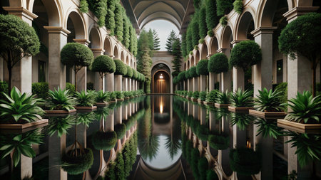 A long, symmetrical walkway lined with lush greenery and reflecting pool leads to a grand archway and open sky.の素材