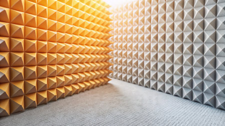 Abstract geometric pattern of pyramid shaped tiles on walls of an empty room.の素材