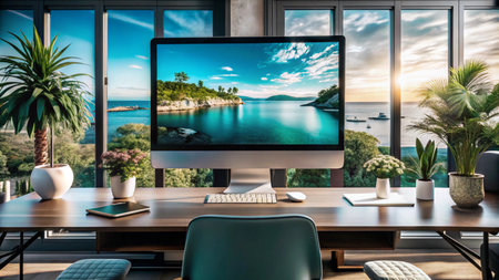 Modern workspace with a computer showing a tropical beach scene, overlooking the sea.の素材