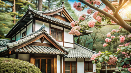 Traditional Japanese house with a blooming cherry blossom tree in the foreground.の素材