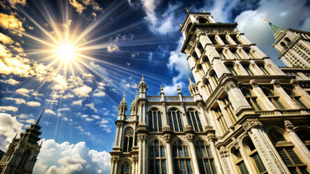 A low-angle view of a grand, white, Gothic-style building with spires, set against a sunny blue sky with fluffy clouds.の素材