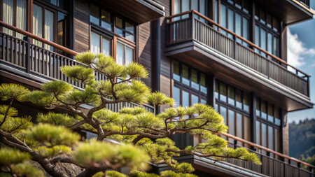 A lush green tree in front of a modern wooden building with balconies.の素材