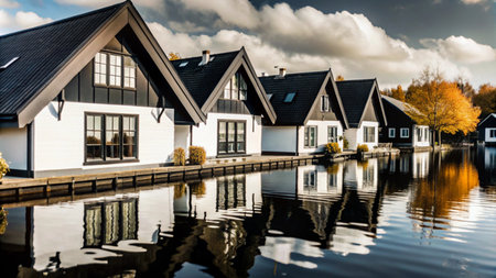A row of charming houses with black roofs reflect in the water.の素材