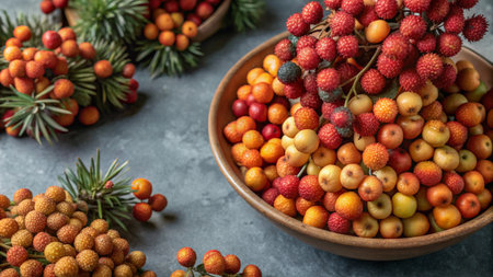 A wooden bowl filled with red, orange, and yellow berries surrounded by sprigs of berries on a gray background.の素材