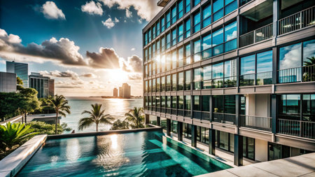 Modern building with swimming pool overlooking the ocean at sunset.の素材