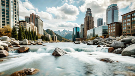 A river flows through a modern city with mountains in the background.の素材