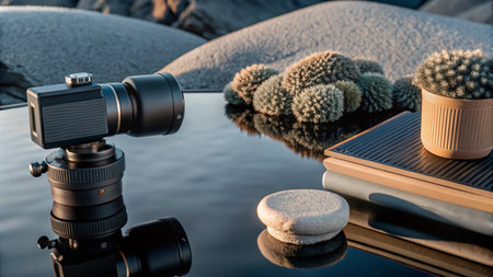 A camera on a tripod with cactus plants and books on a black reflective surface.の素材