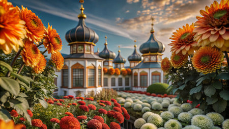 A picturesque view of a historic building surrounded by a vibrant flower garden.の素材