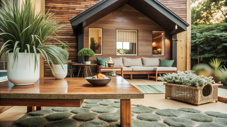 Modern patio with wooden furniture and greenery.の素材