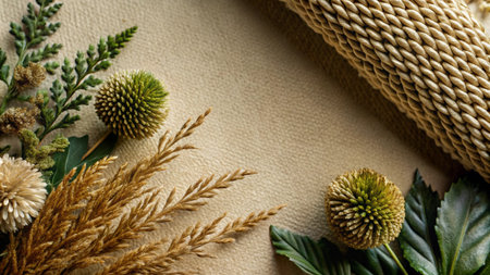 Beige background with dry plants, green leaves and a brown rope in the corner.の素材