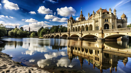 A grand, historic bridge with a castle-like structure in the background, spanning a tranquil river.の素材