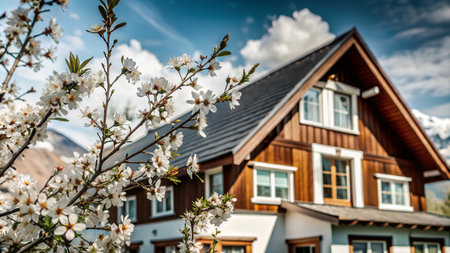 A charming wooden house with white blossoms in the foreground against a backdrop of mountains and blue sky.の素材