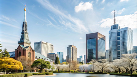 A cityscape with a church, skyscrapers, and a pond in the foreground.の素材