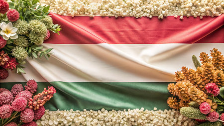 Hungarian flag with flowers on a white background.の素材