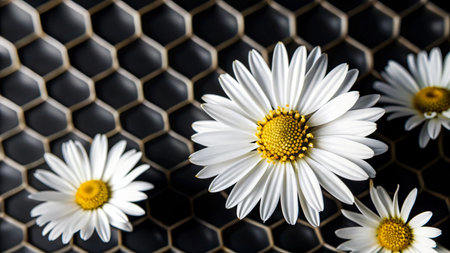 White daisies on a black honeycomb pattern background.の素材