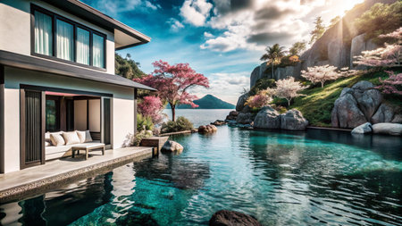 Luxurious modern home with infinity pool overlooking scenic lake and mountains, featuring blooming trees and a sunny sky.の素材