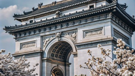 Ornate stone archway with blooming cherry blossoms in the foreground.の素材