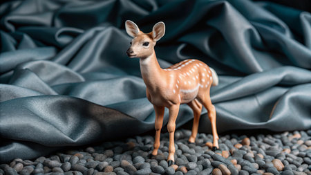 A small, brown, spotted deer figurine stands on a bed of grey pebbles and smooth, grey fabric.の素材