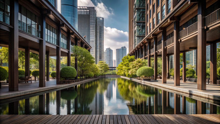 Modern urban oasis with a reflecting pool and lush greenery between tall buildings.の素材