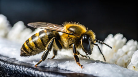 A close-up shot of a honey bee on a white surface. The bee&#39;s body is covered in fine hairs.の素材