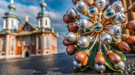 Close-up of a decorative sphere with a church in the background.の素材