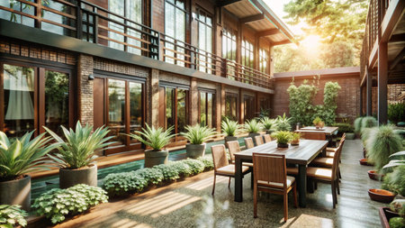 Modern patio with wooden table and chairs, surrounded by lush greenery and a modern house.の素材