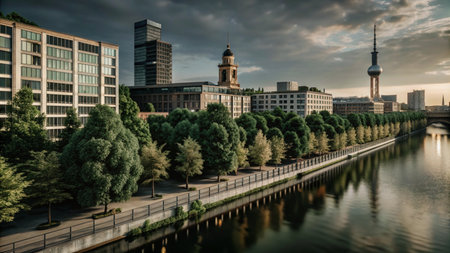A cityscape with modern buildings, a river, and a cloudy sky.の素材