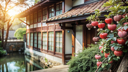 A traditional Japanese house with a pond and a tree with red ornaments hanging from the branches.の素材