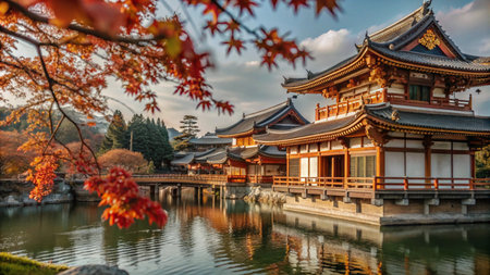 A traditional Japanese temple with a pond in the foreground and autumn foliage in the background.の素材