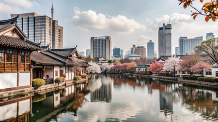 Traditional Chinese architecture with a modern city skyline in the background, reflected in a serene pond.の素材