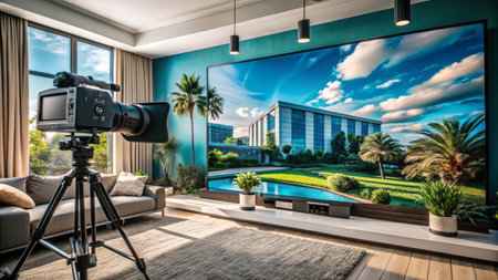 A professional camera on a tripod is set up to film a large screen displaying a sunny city scene.の素材