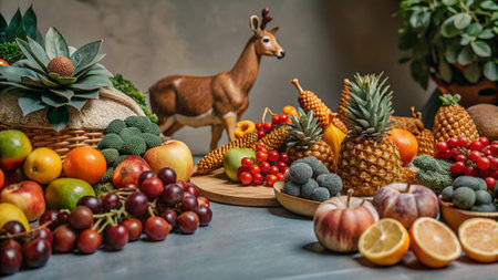 A table set with an assortment of fresh fruits, vegetables, and a deer figurine.の素材