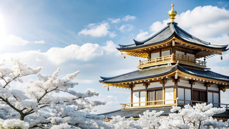 Traditional Japanese temple with cherry blossom trees in full bloom under a clear blue sky.の素材