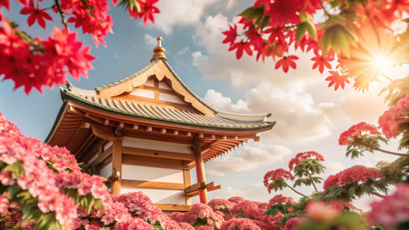 A traditional Japanese pagoda surrounded by vibrant pink blossoms under a clear blue sky.の素材