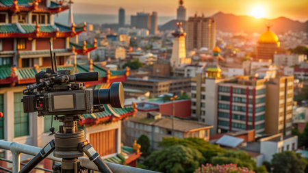 A professional video camera captures a city skyline at sunset.の素材